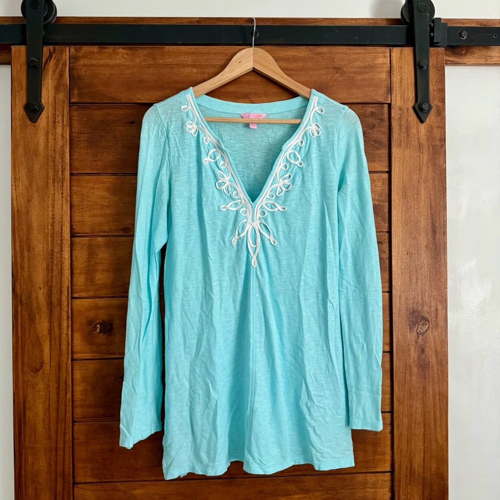 Lilly Pulitzer Westley Tunic long sleeve shirt sweater Spa blue sz L